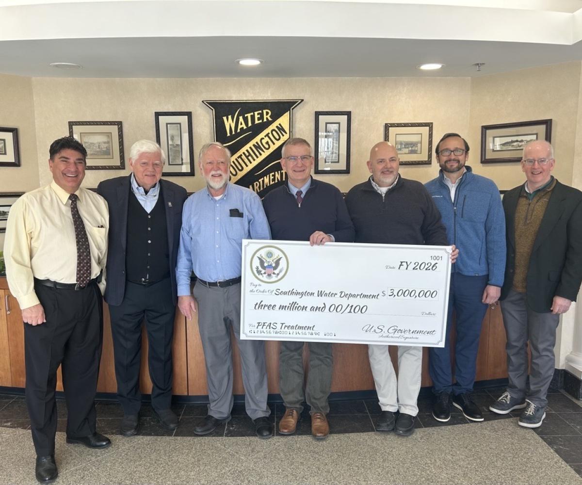 Southington Town Councilor David Zoni, Rep. Larson, Board of Water Commissioners President Bob Berkmoes, Water Department Superintendent Doug Arndt, and Assistant Superintendent Al Fiorillo