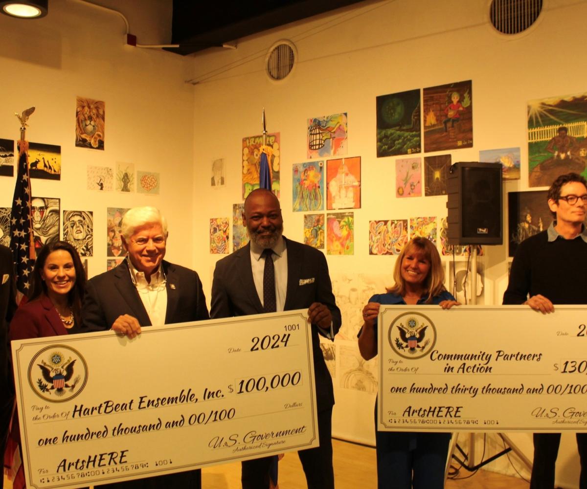 Manchester Mayor Jay Moran, CT State Manchester CEO Dr. Nicole C. Esposito, Rep. Larson, HartBeat Ensemble Artistic Director Godfrey L. Simmons Jr., Community Partners in Action Executive Director Beth Hines and Prison Arts Program Manager Jeffrey Greene 