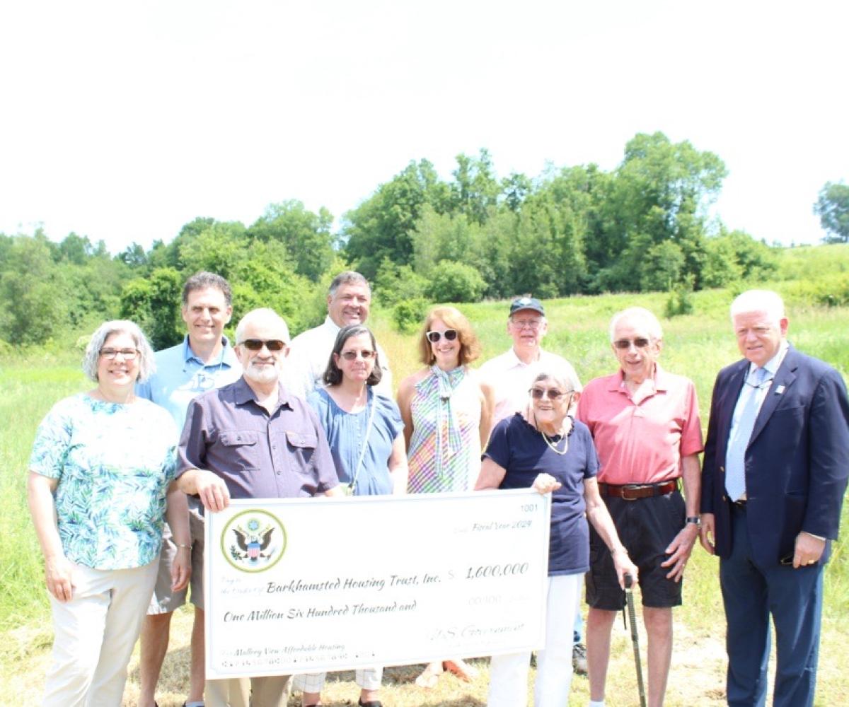 Rep. Larson with former First Selectman Don Stein, Barkhamsted Housing Trust President Christina Lavieri, Housing Enterprises, Inc. President David Berto, and Barkhamsted residents 
