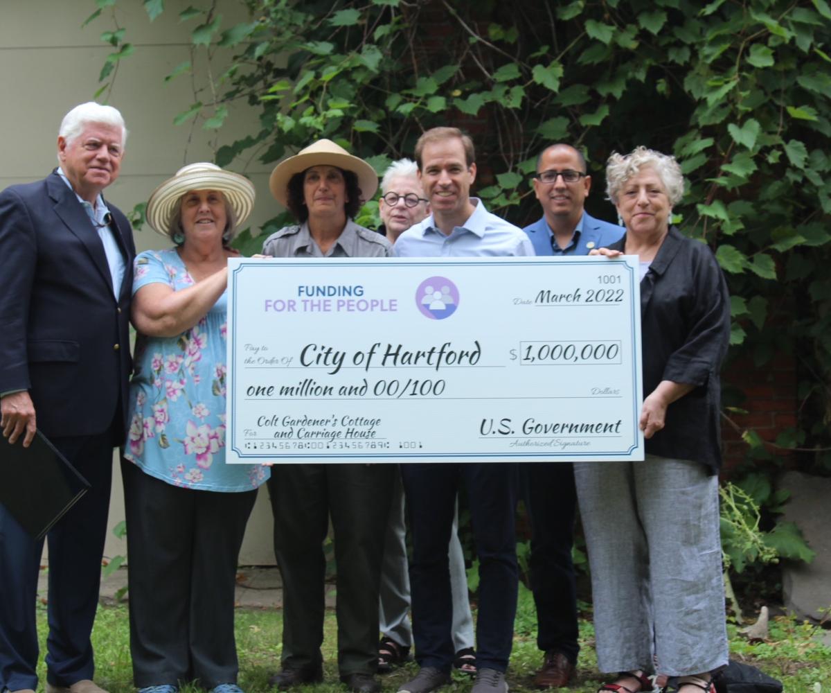 Rep. Larson, Colt Park Foundation Chair Donna Swarr, Coltsville National Historical Park Superintendent Kelly Fellner, Coltsville Heritage Partnership Chair Lynn Ferrari, Mayor Bronin, Councilman Amilcar Hernandez, and Lorie Sedor 