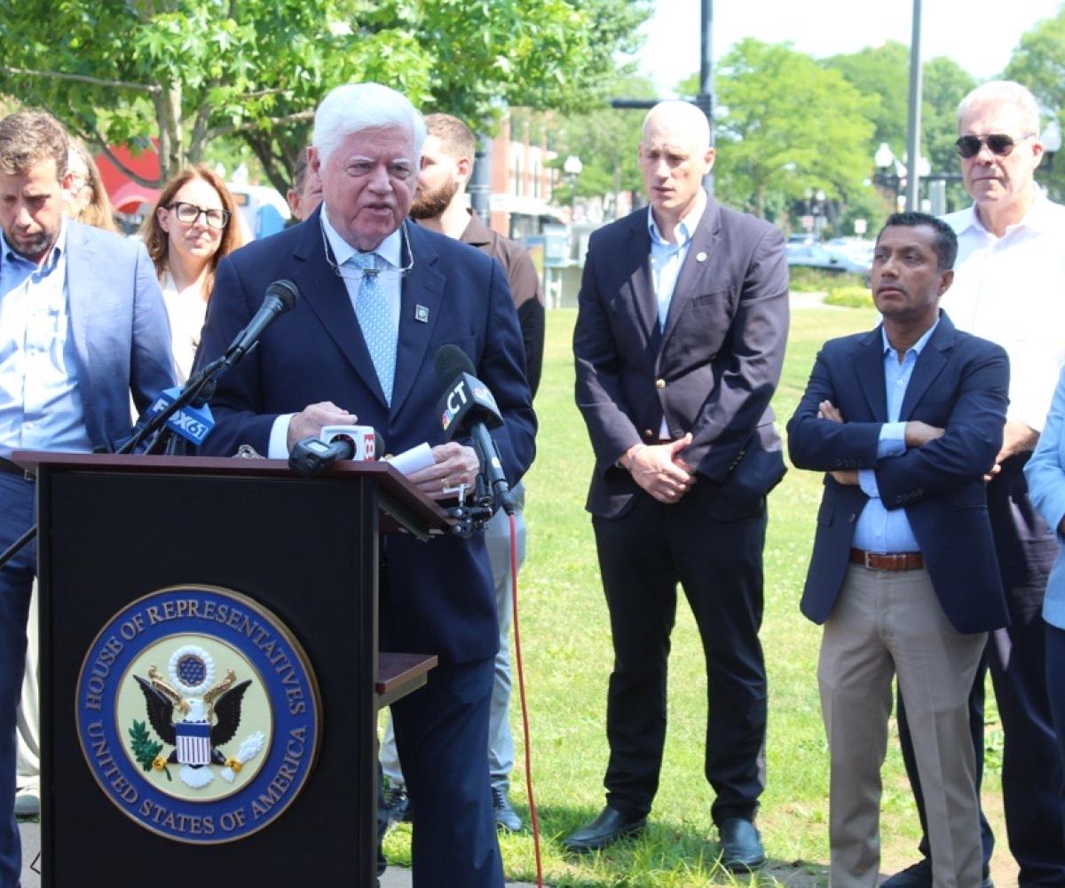 Rep. Larson with State Senator Matt Lesser, State Representative Kate Farrar, West Hartford resident Emir Cecunjanin, State Senators Derek Slap and MD Rahman, former State Rep. Ed Vargas, West Hartford Deputy Mayor Deb Polun, Senator Richard Blumenthal, and members of the West Hartford Town Council