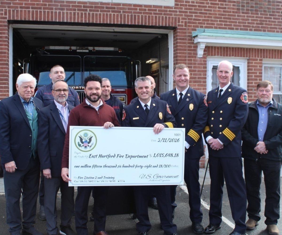 Rep. Larson, East Hartford Mayor Connor S. Martin, Fire Chief Kevin Munson, Town Councilor John Morrison, and members of the East Hartford Fire Department