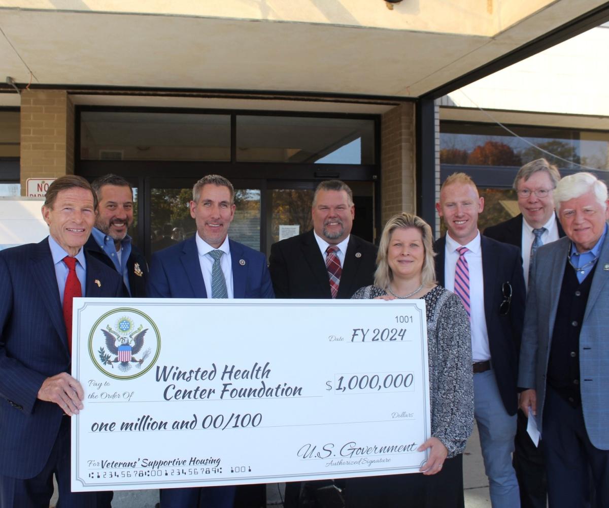 Senator Richard Blumenthal, State Rep. Jay Case, Winsted Town Manager Paul Harrington, Winsted Mayor Todd Arcelaschi, Winsted Health Center Executive Director Kris Griffin, State Senator Stephen Harding, Project Development Team Leader Vance Taylor, and Rep. Larson 