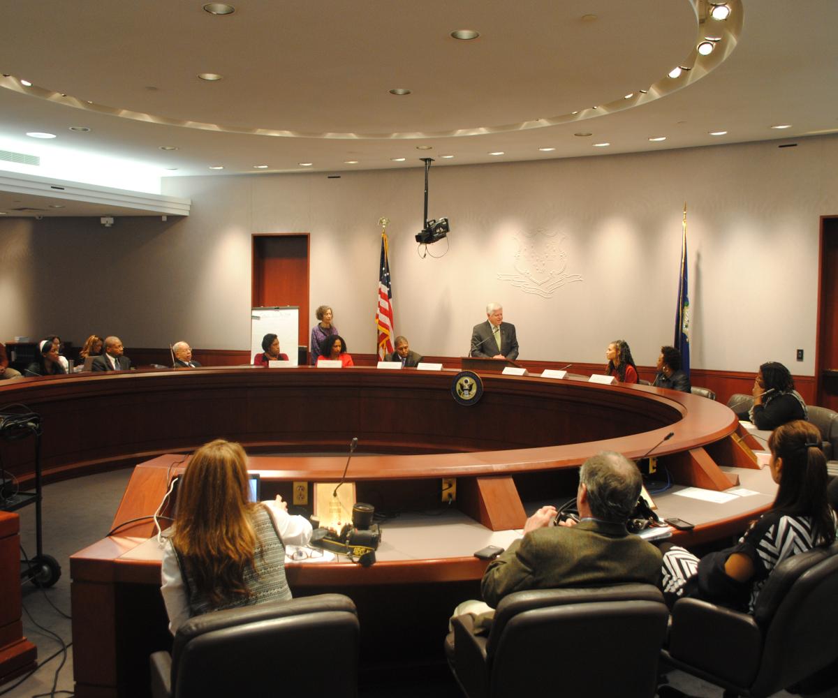 Larson and Wiley lead the town hall meeting in Hartford
