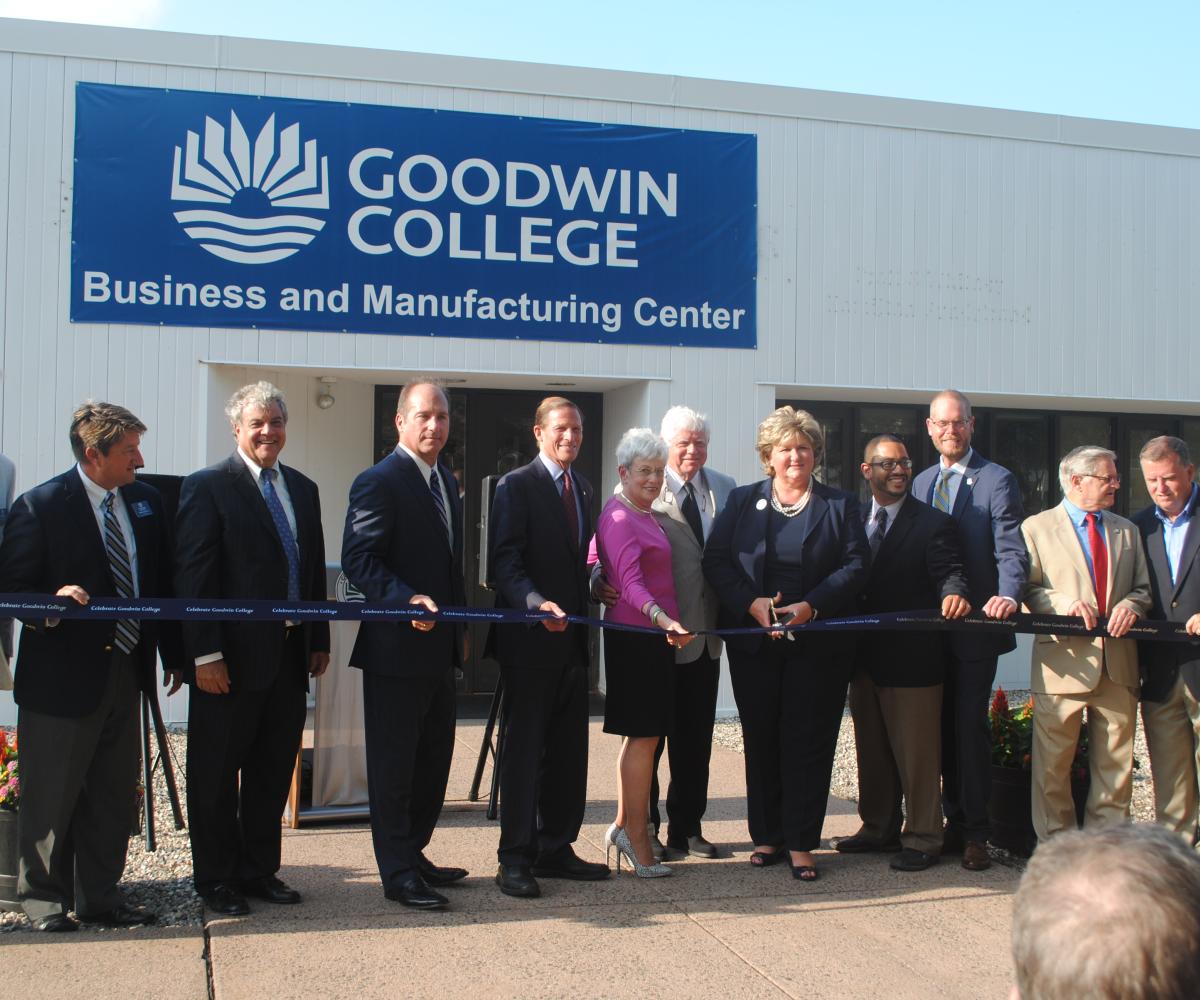 Rep. Larson and other officials cut the ribbon at Goodwin College's new Business and Manufacturing Center