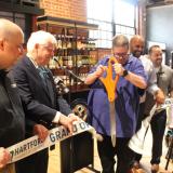 Connecticut Foodshare President & CEO Jason Jakubowski, Rep. Larson, Forge City Works Executive Director Ben Dubow, and Hartford Mayor Arunan Arulampalam