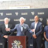 East Hartford Board of Education Chairman Tyron Harris, Mayor Mike Walsh, Rep. Larson, Superintendent of Schools Nathan Quesnel, and Councilman Awet Tsegai 