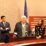 State Rep. Matt Blumenthal and Lt. Governor Susan Bysiewicz join Rep. Larson to announce the Stop ICE Election Militarization Act 