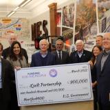Hartford Mayor Luke Bronin, iQuilt Partnership Board members, State Senator Saud Anwar, Rep. Larson, Riverfront Recapture President & CEO Michael Zaleski, Hartford Foundation for Public Giving Vice President for Community Impact Elysa Gordon, East Hartford Mayor Mike Walsh 