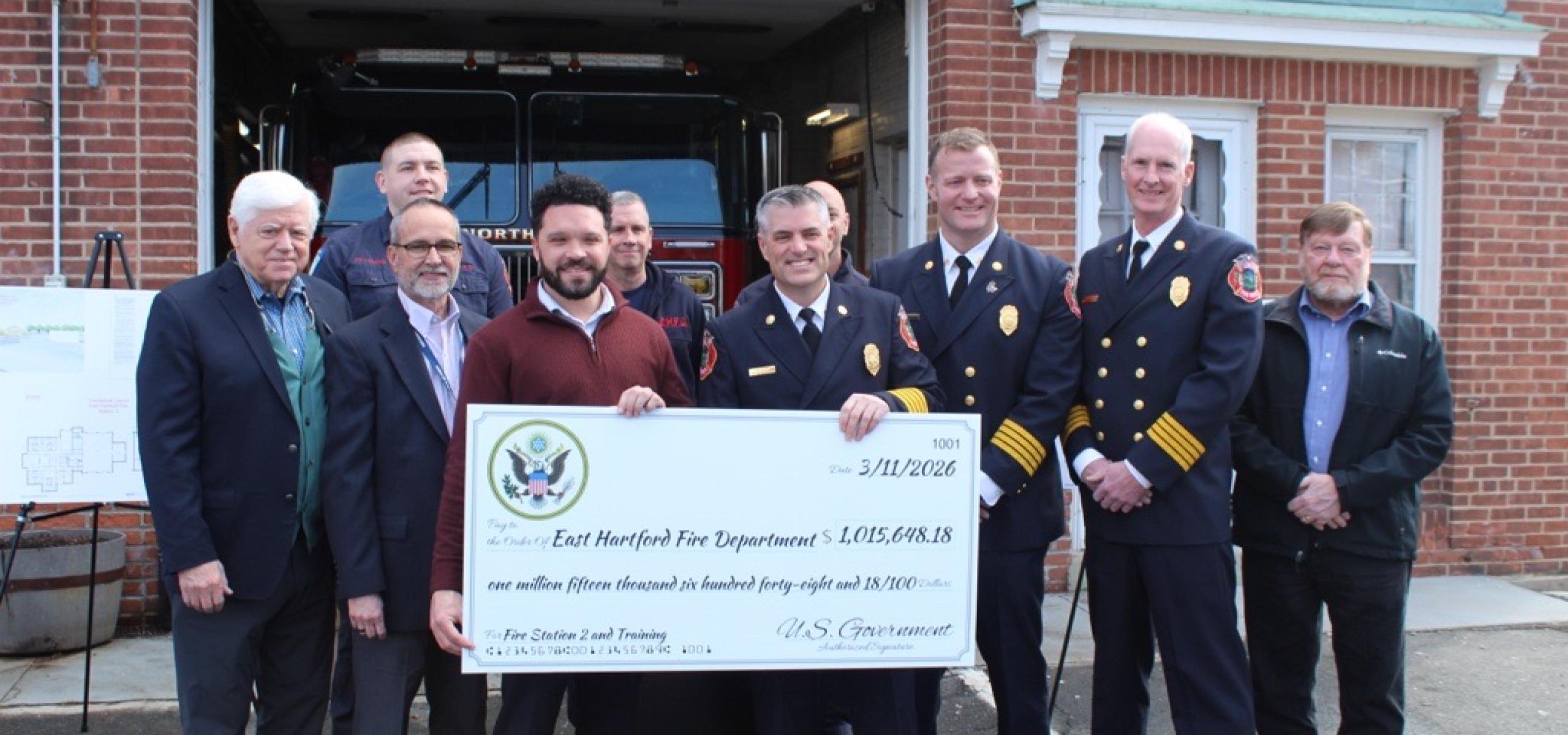 Rep. Larson, East Hartford Mayor Connor S. Martin, Fire Chief Kevin Munson, Town Councilor John Morrison, and members of the East Hartford Fire Department