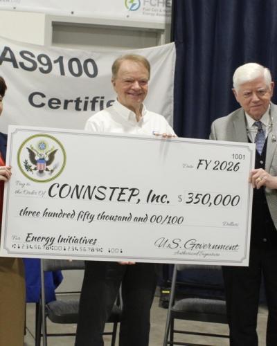 CONNSTEP President and CEO Beatriz Gutierrez, Infinity Fuel Cell and Hydrogen, Inc. President & CEO William Smith, and Rep. Larson