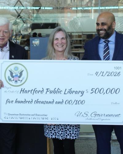 Rep. Larson, Hartford Public Library President and CEO Bridget Quinn, and Hartford Mayor Arunan Arulampalam 