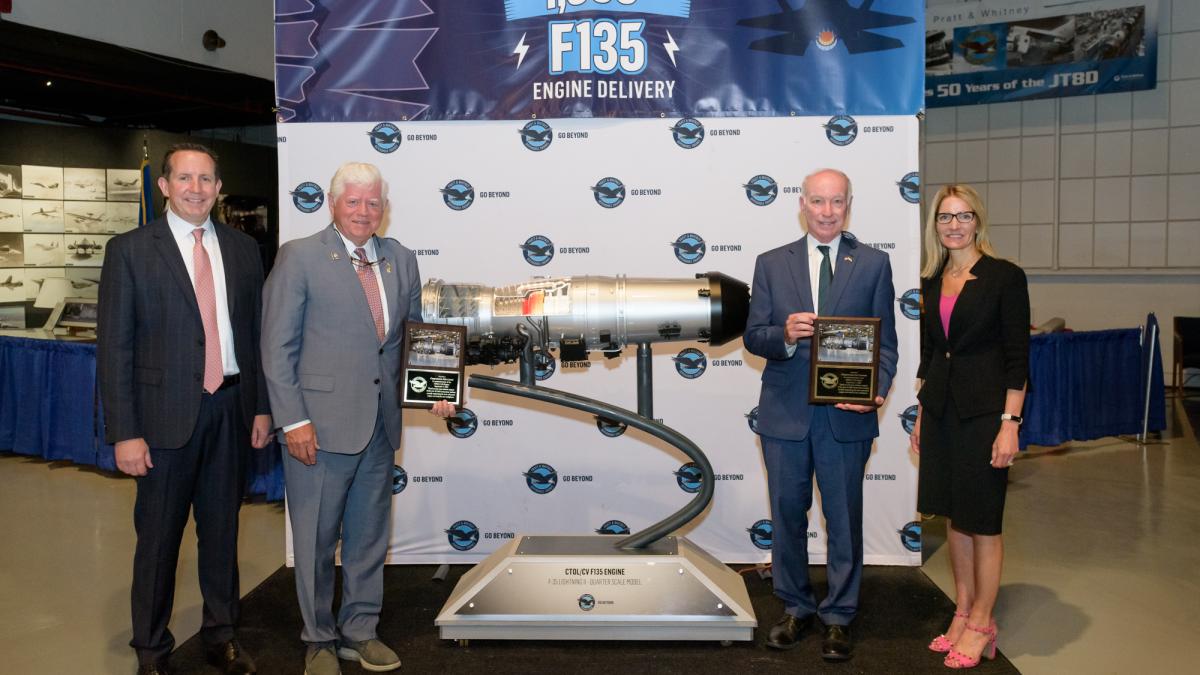 Pratt & Whitney President Shane Eddy, Rep. Larson, Rep. Courtney, and President of Pratt & Whitney Military Engines Jill Albertelli 