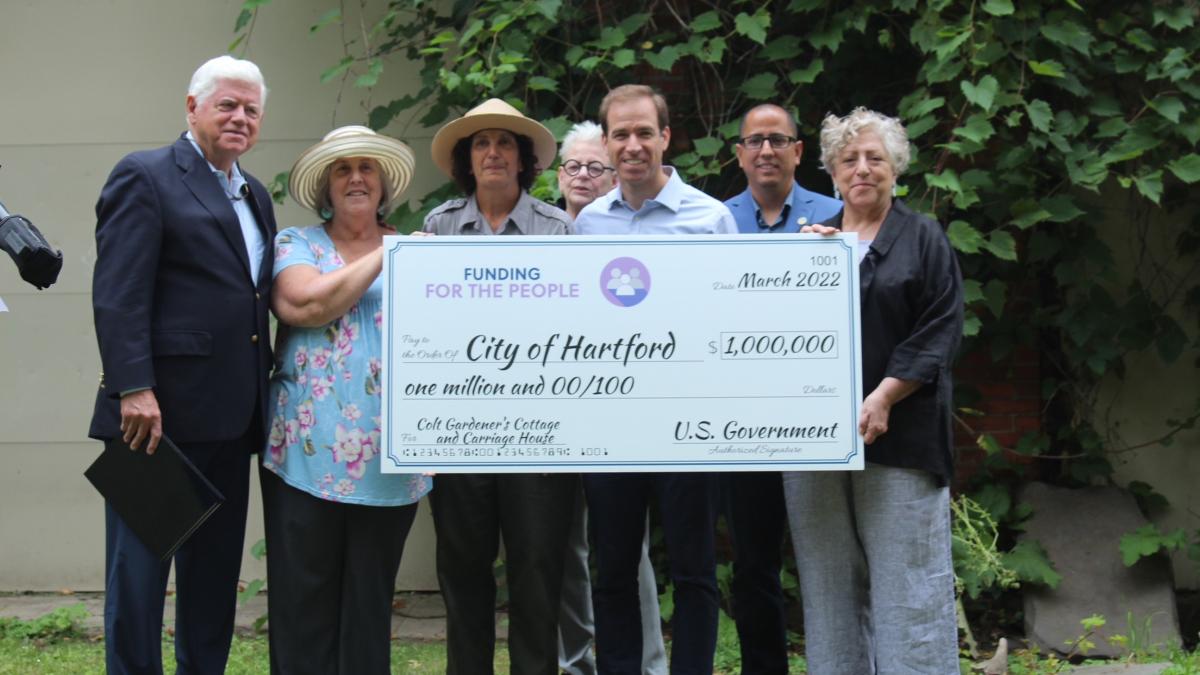 Rep. Larson, Colt Park Foundation Chair Donna Swarr, Coltsville National Historical Park Superintendent Kelly Fellner, Coltsville Heritage Partnership Chair Lynn Ferrari, Mayor Bronin, Councilman Amilcar Hernandez, and Lorie Sedor 