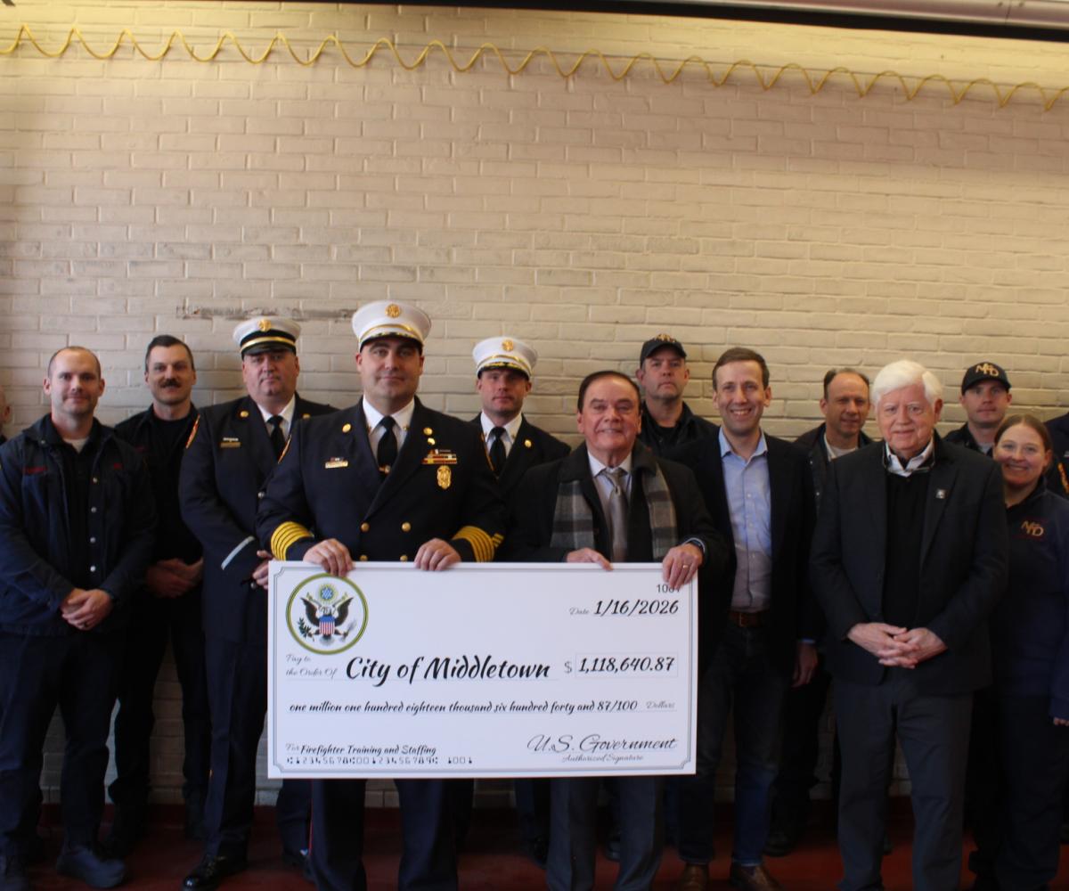 Middletown Fire Chief David Albert, Mayor Gene Nocera, State Senator Matt Lesser, and Rep. Larson with the Middletown Fire Department