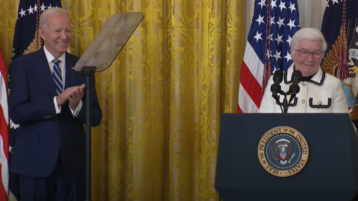 Connecticut Alliance for Retired Americans President Bette Marafino, of West Hartford, introduces President Joe Biden at the White House 