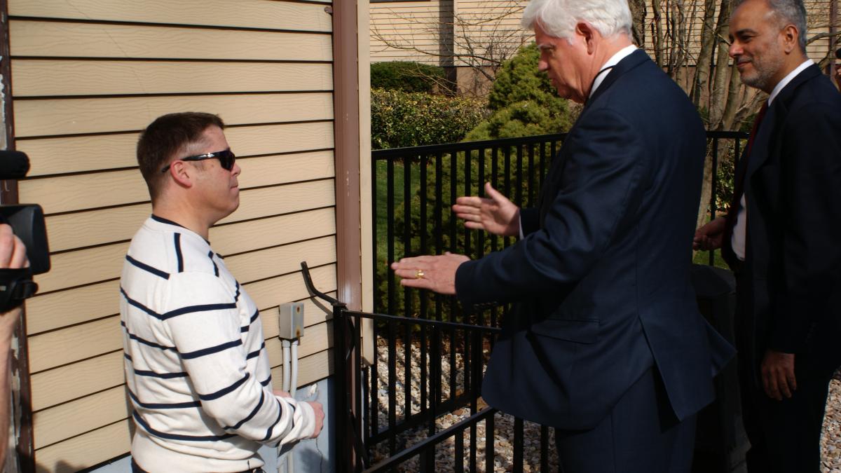 Rep. Larson and Dr. Anwar inspect a homeowner’s foundation in South Windsor.