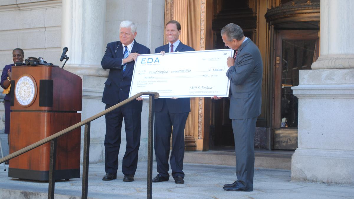 Larson, Blumenthal, and Segarra present the $1 Million Grant to the City of Hartford