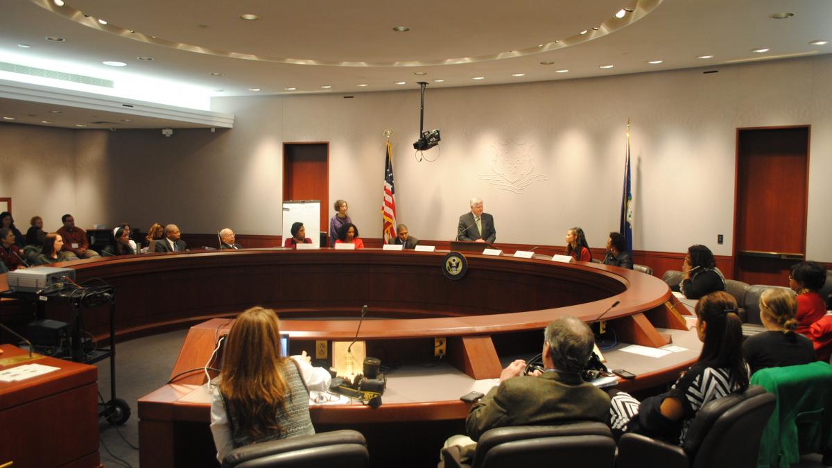 Larson and Wiley lead the town hall meeting in Hartford