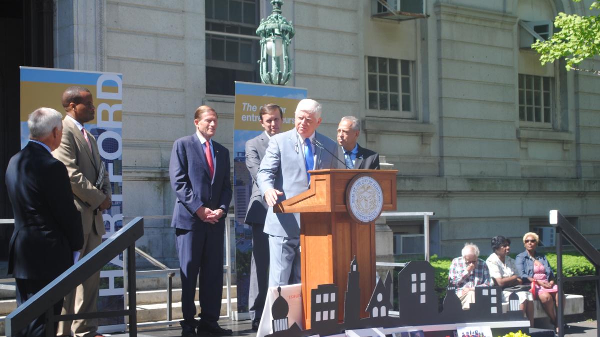 Rep. Larson speaks at a press conference in Hartford
