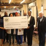 Rep. Larson and Hartford Mayor Arunan Arulampalam with Sasa Harriott and students at the Harriott Community Healthcare Academy in Blue Hills